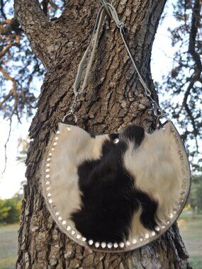 🖤🤍 Handmade Studded Cowhide Crescent Purse | Genuine Leather | One-of-a-Kind W